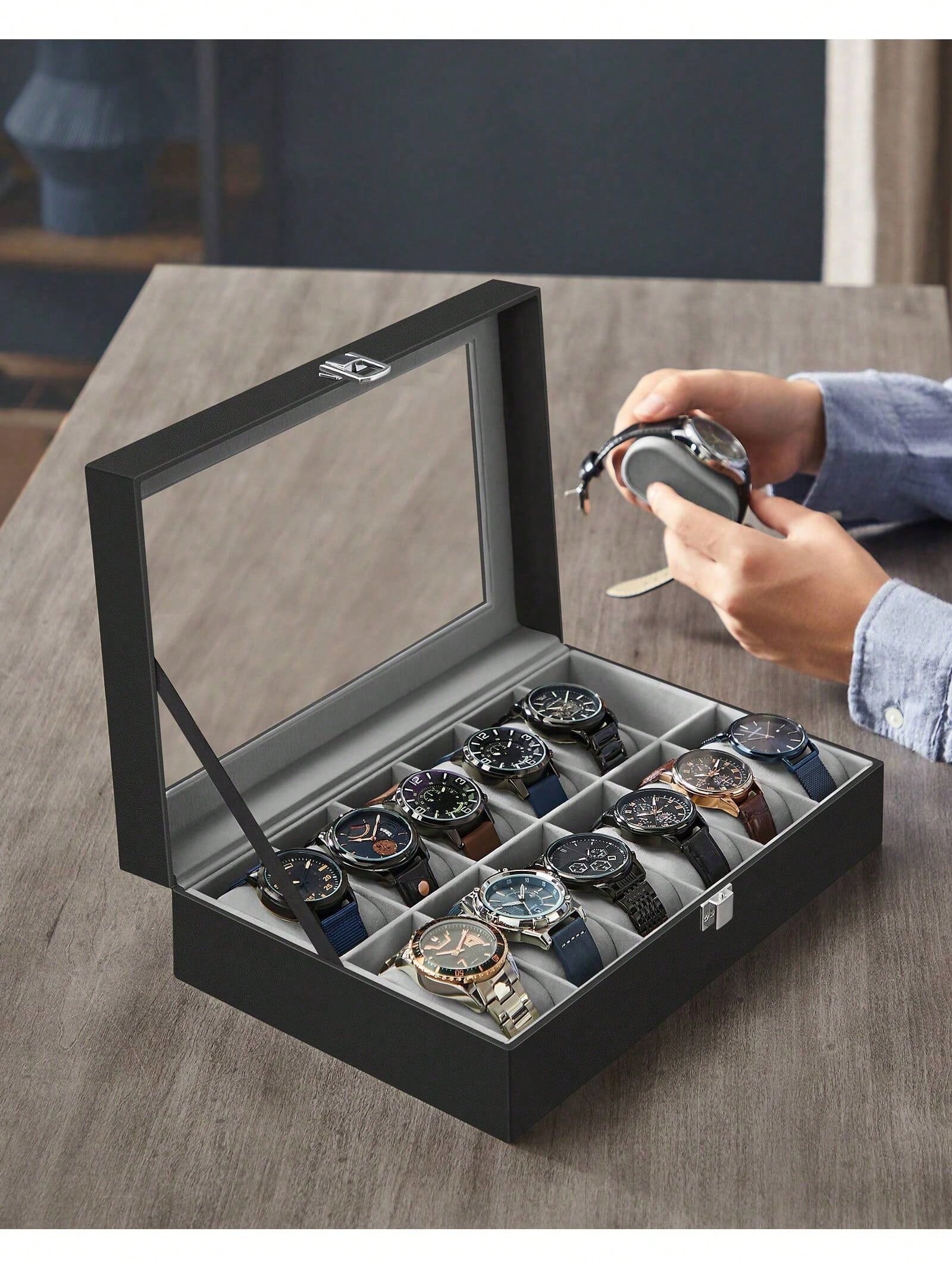 유리 뚜껑과 서랍이 있는 12슬롯 잠금식 시계 상자,  - Jewelry Bracelet Watches 리뷰 및 가격
